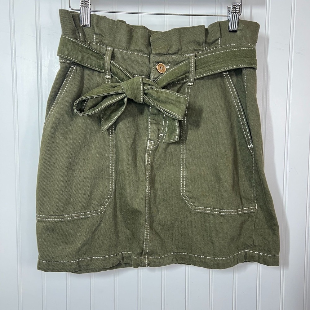 Free People Skirt Forest Fairy Bohemian Army Green Paperbag Waist Belted Mini S